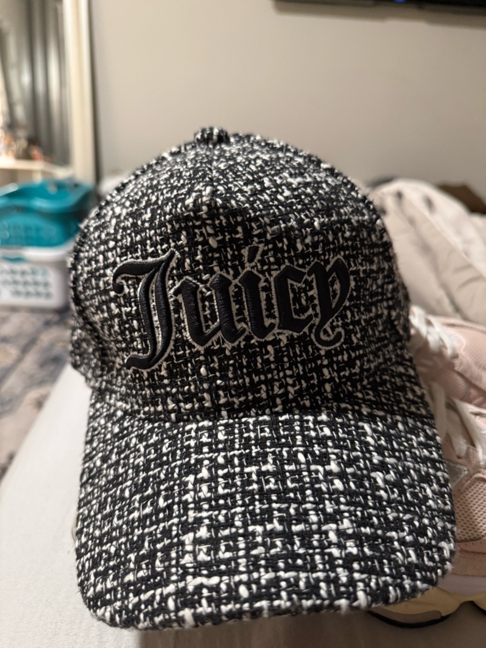 Juicy Couture Black and White Tweed Logo Baseball Cap